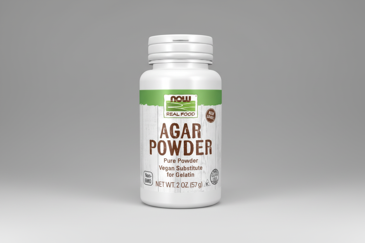 Bottle of Agar Powder with NOW Real Food label on a white background