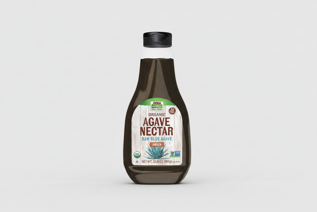 Bottle of NOW Organic Agave Nectar on a white background