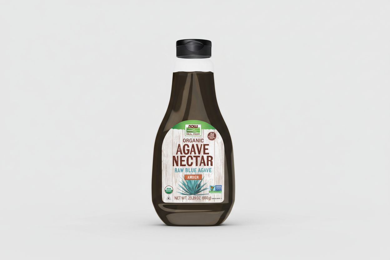 Bottle of NOW Organic Agave Nectar on a white background