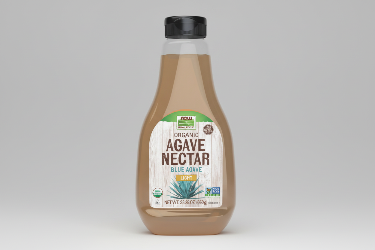 Bottle of NOW Organic Agave Nectar on a white background