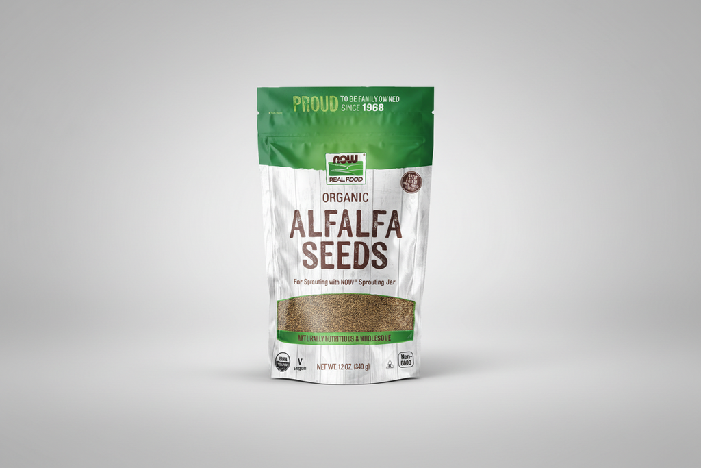 Package of organic alfalfa seeds with NOW brand on a white background