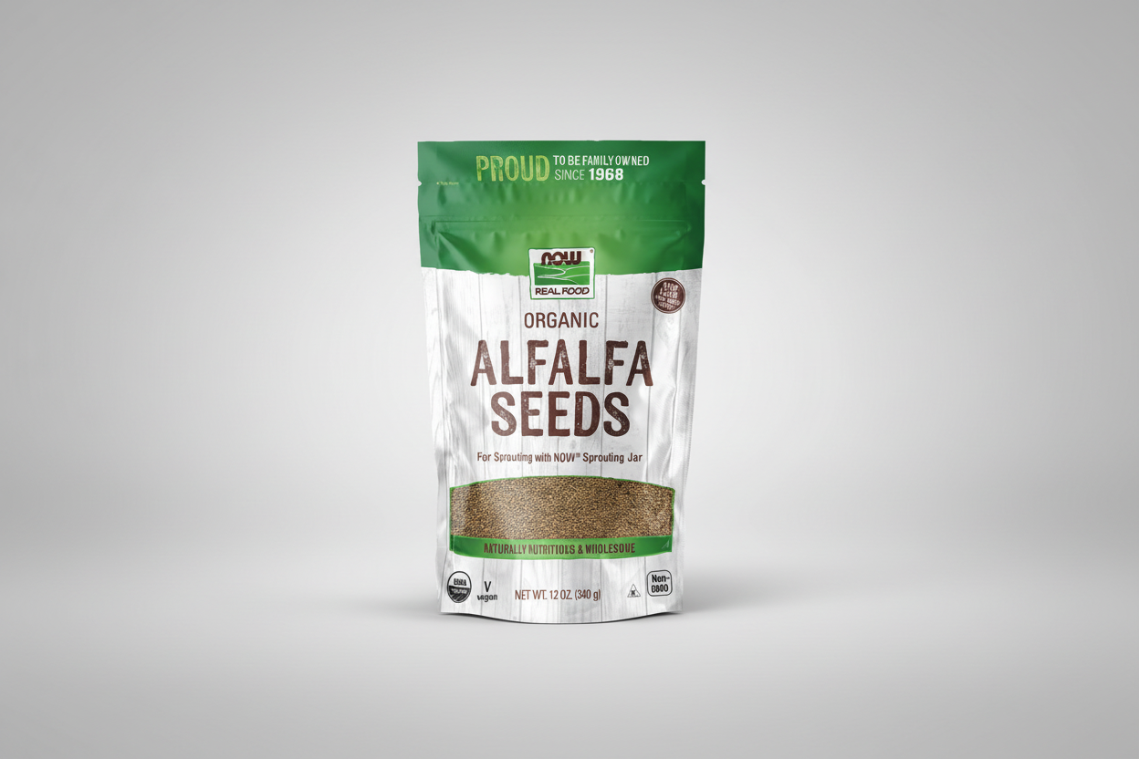 Package of organic alfalfa seeds with NOW brand on a white background