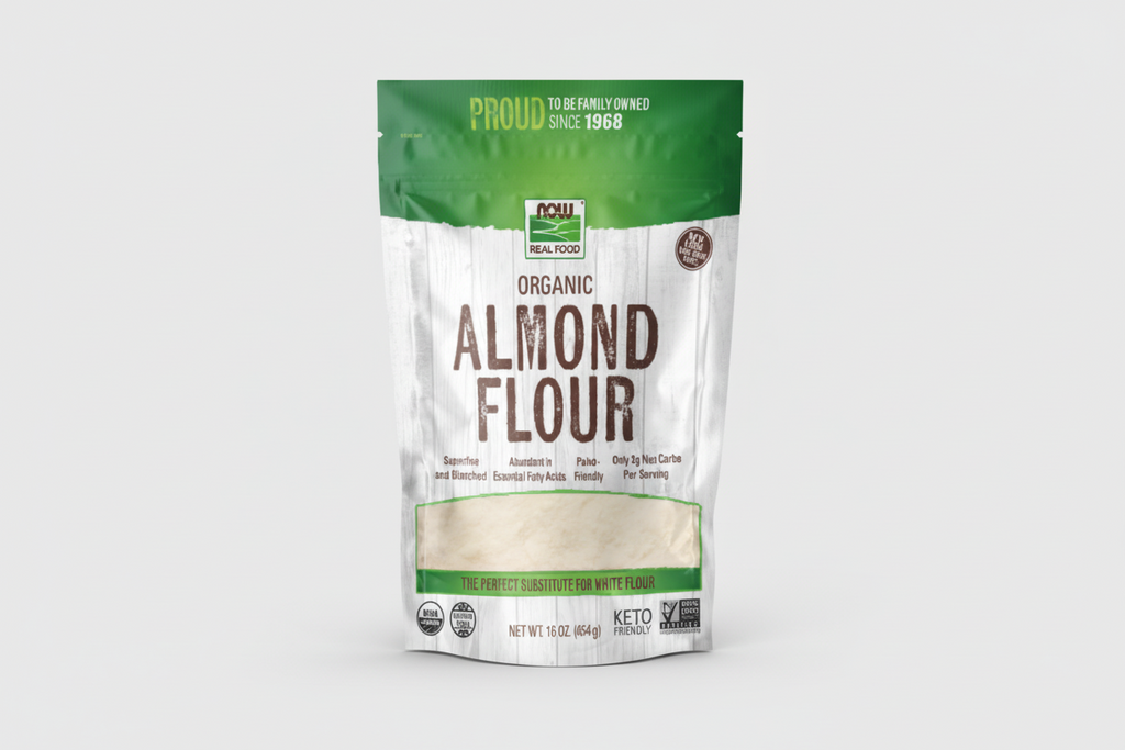 Package of NOW Organic Almond Flour with green and white design