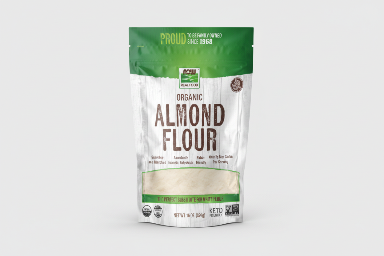 Package of NOW Organic Almond Flour with green and white design