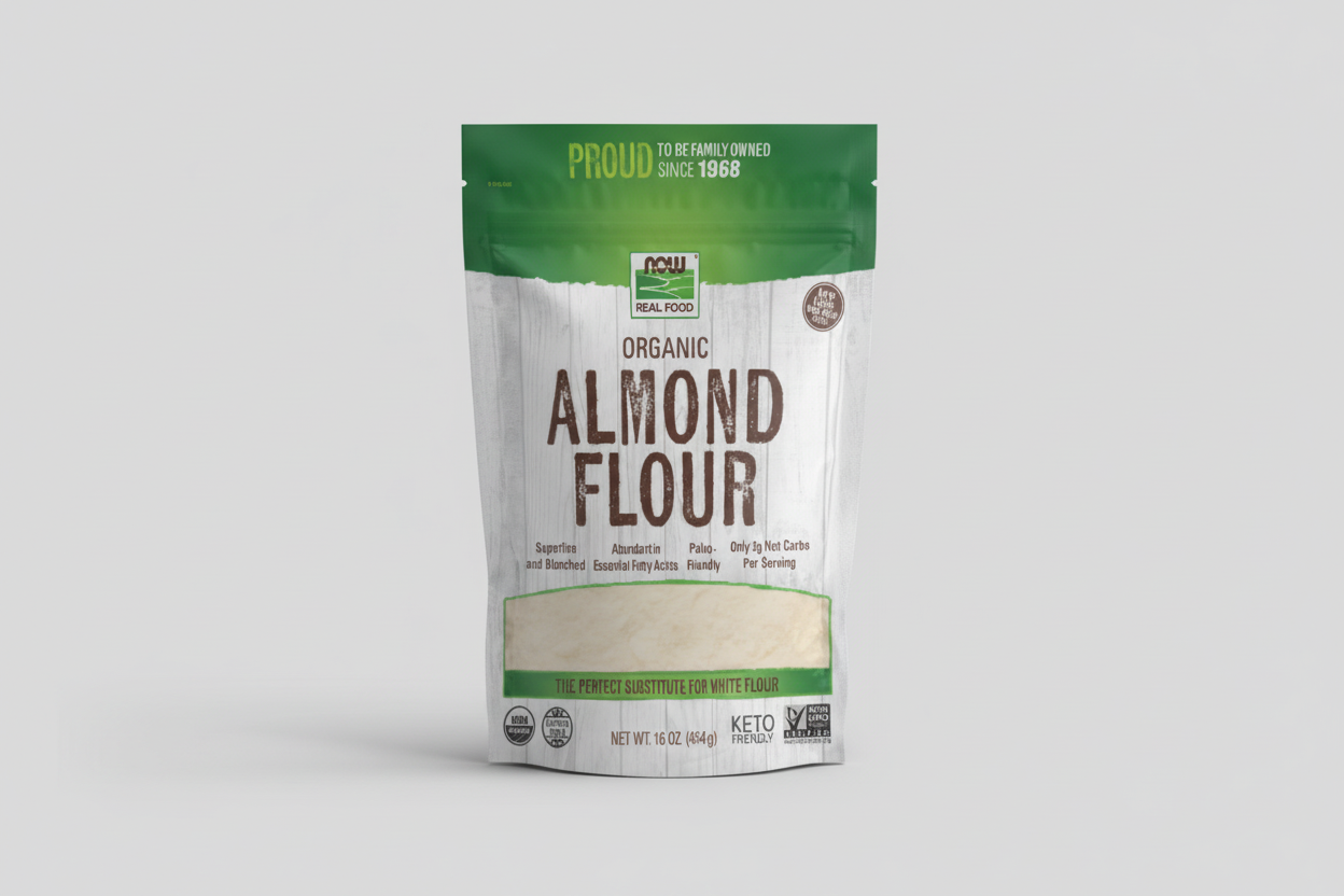Package of NOW Organic Almond Flour with green and white design
