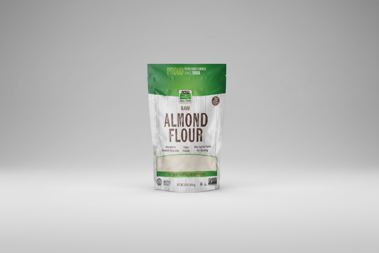 Bag of raw almond flour with green and white design