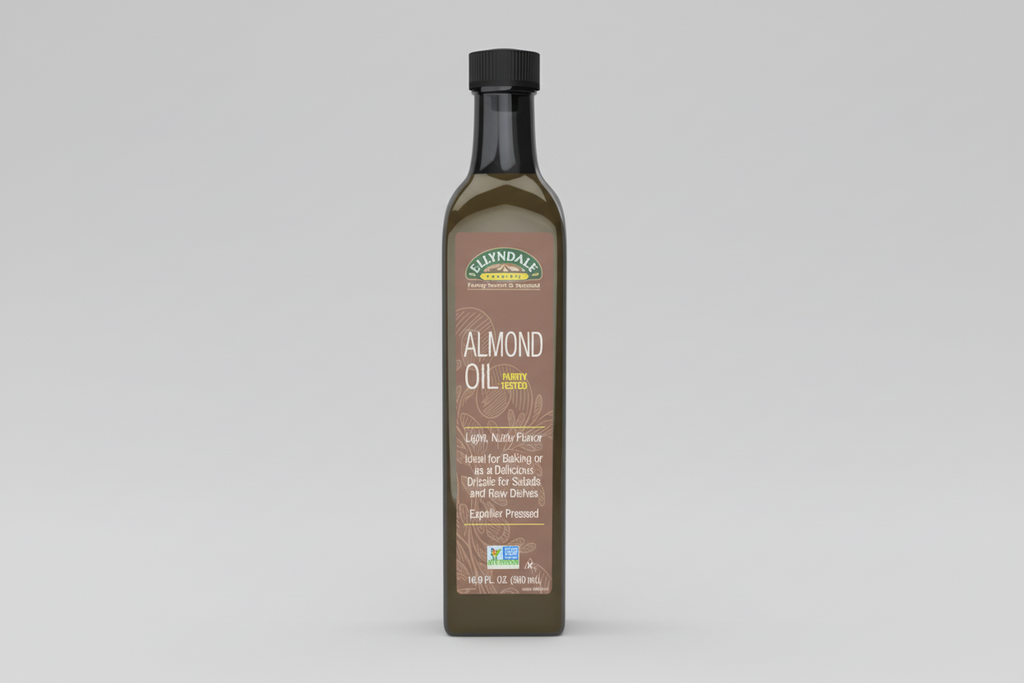Bottle of Ellyndale Almond Oil on a white background