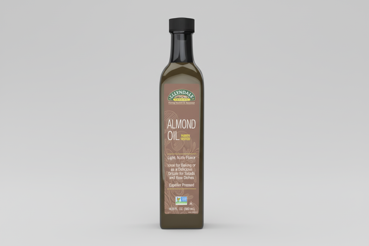 Bottle of Ellyndale Almond Oil on a white background
