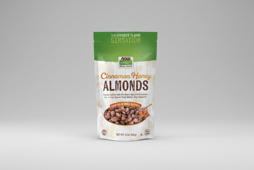 Package of cinnamon honey almonds with Now Real Food branding on a white background