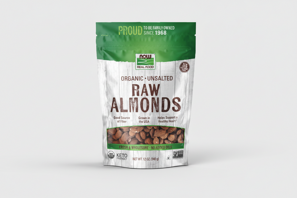 Package of organic raw almonds with branding and product details on a white background