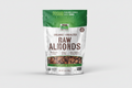 Package of organic raw almonds with branding and product details on a white background