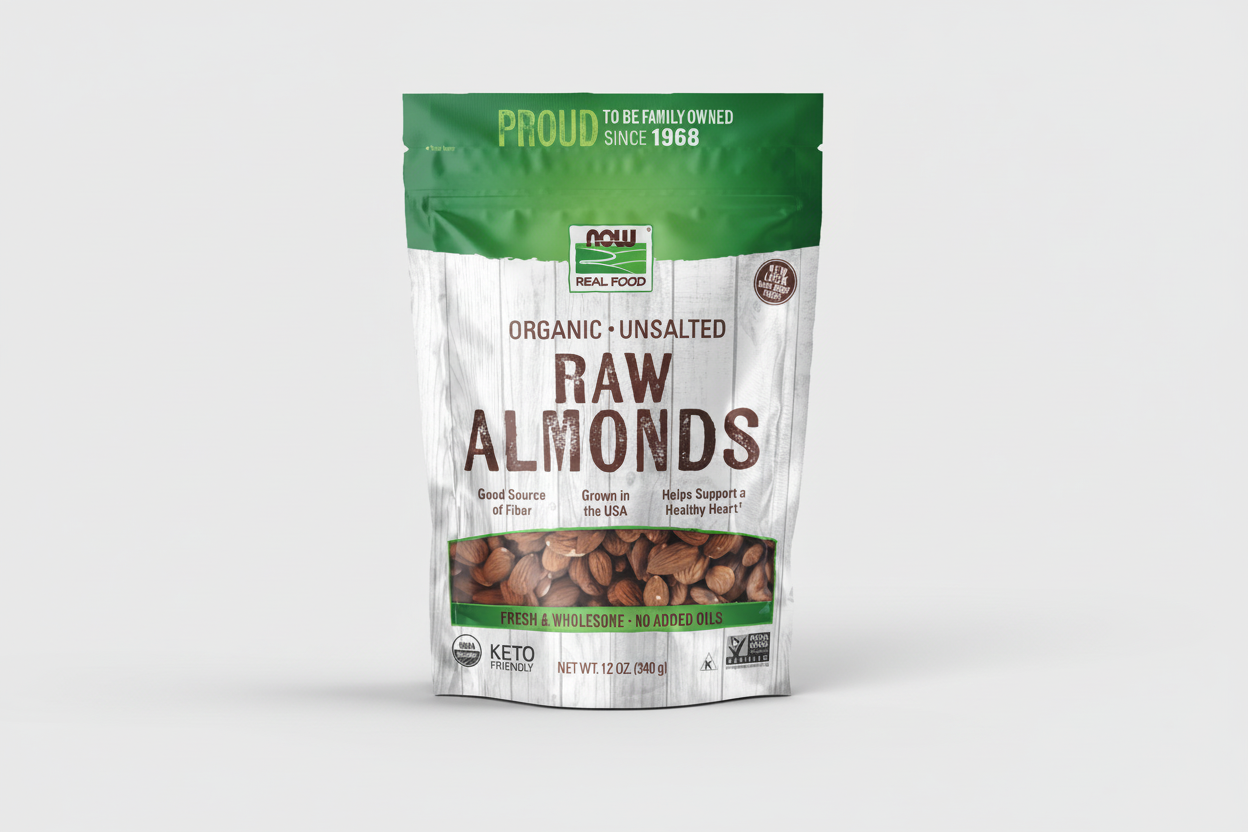 Package of organic raw almonds with branding and product details on a white background