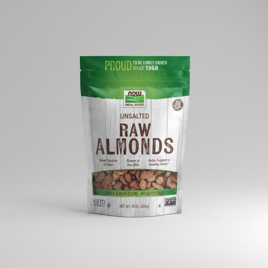 Bag of unalted raw almonds with green and white label