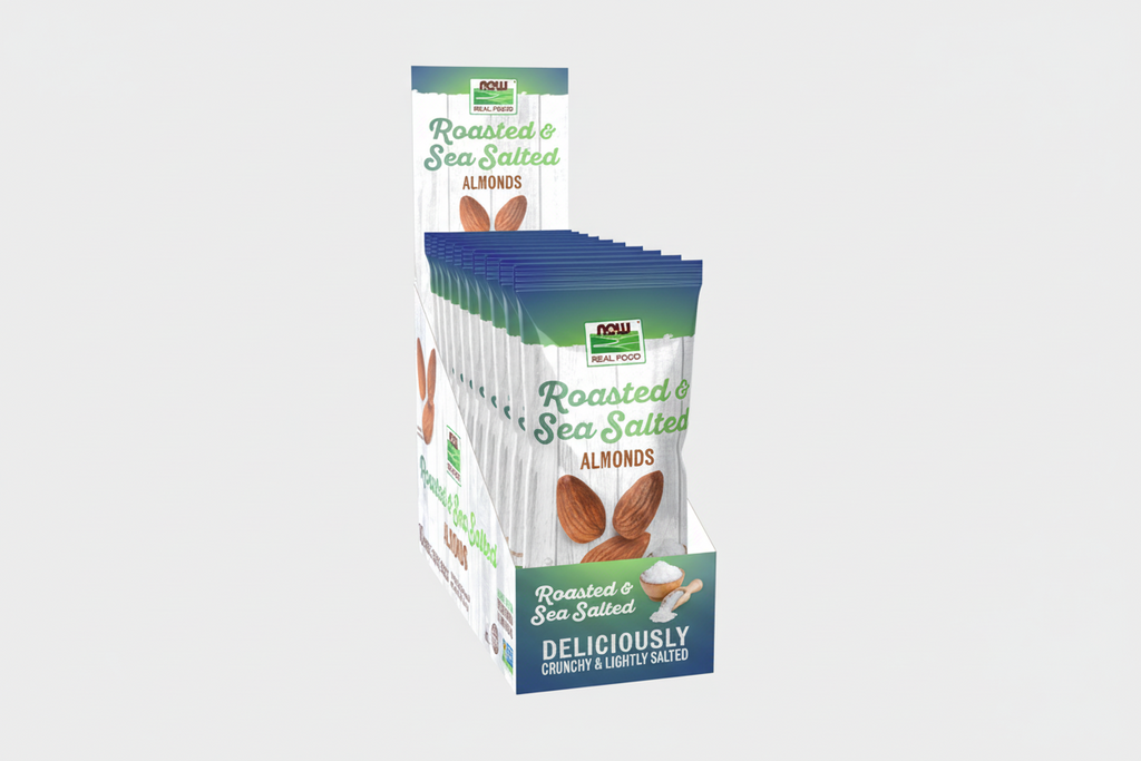 Display of NOW Roasted & Sea Salted Almonds packaging on a white background