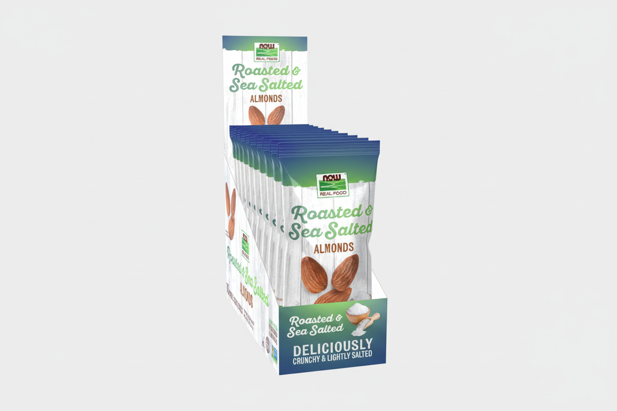 Display of NOW Roasted & Sea Salted Almonds packaging on a white background