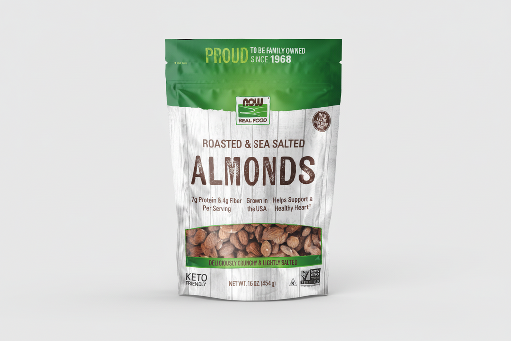Package of roasted and sea salted almonds with green and white design