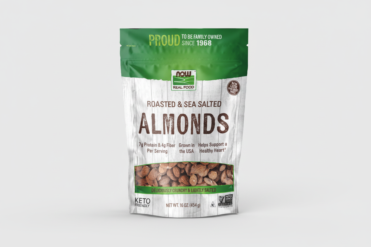 Package of roasted and sea salted almonds with green and white design