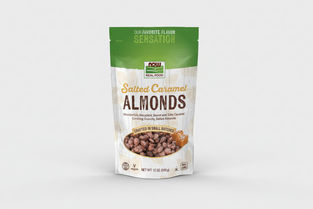 Package of salted caramel almonds with a green and white design.