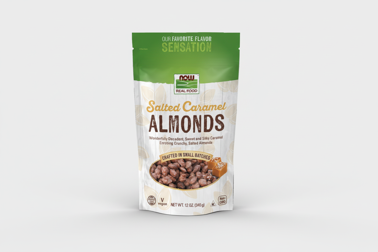 Package of salted caramel almonds with a green and white design.