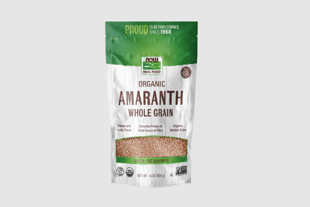 Package of organic amaranth whole grain with branding on a white background