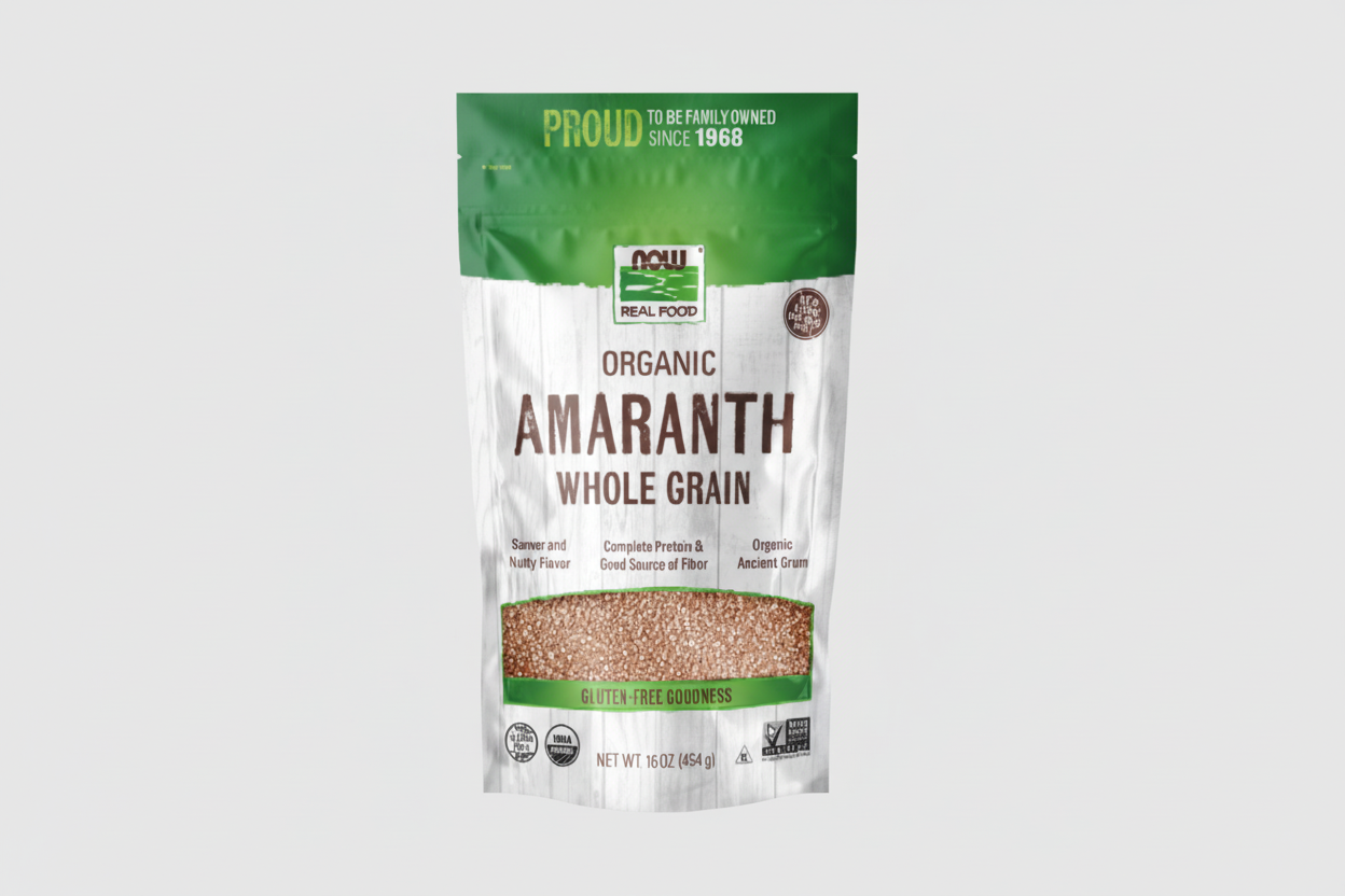 Package of organic amaranth whole grain with branding on a white background