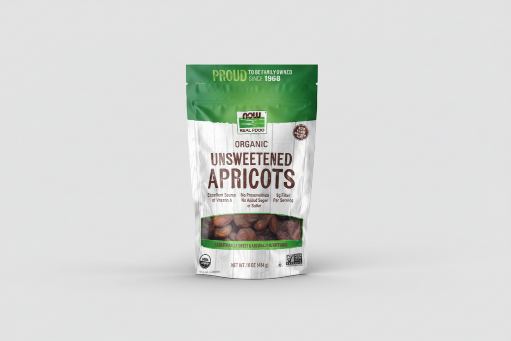 Package of organic unsweetened apricots with Now Foods branding.