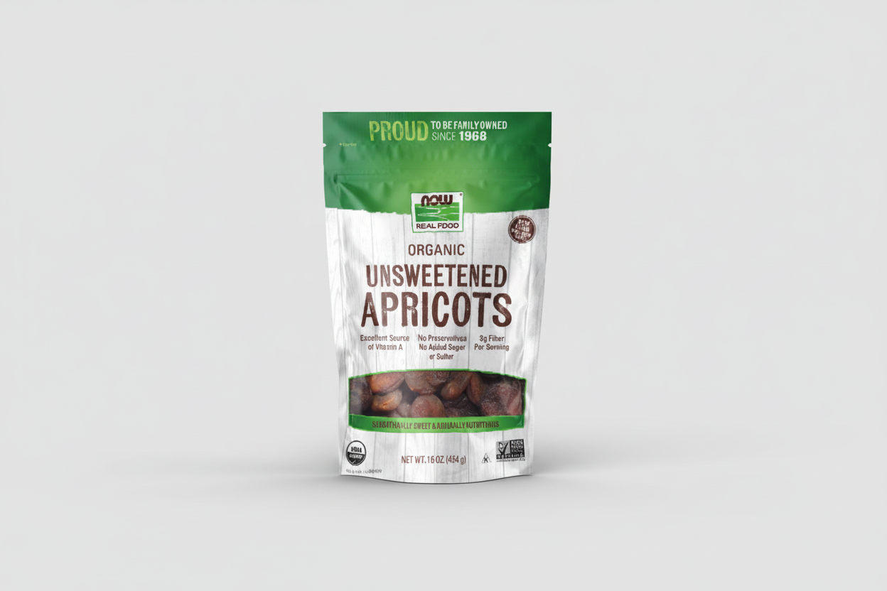 Package of organic unsweetened apricots with Now Foods branding.