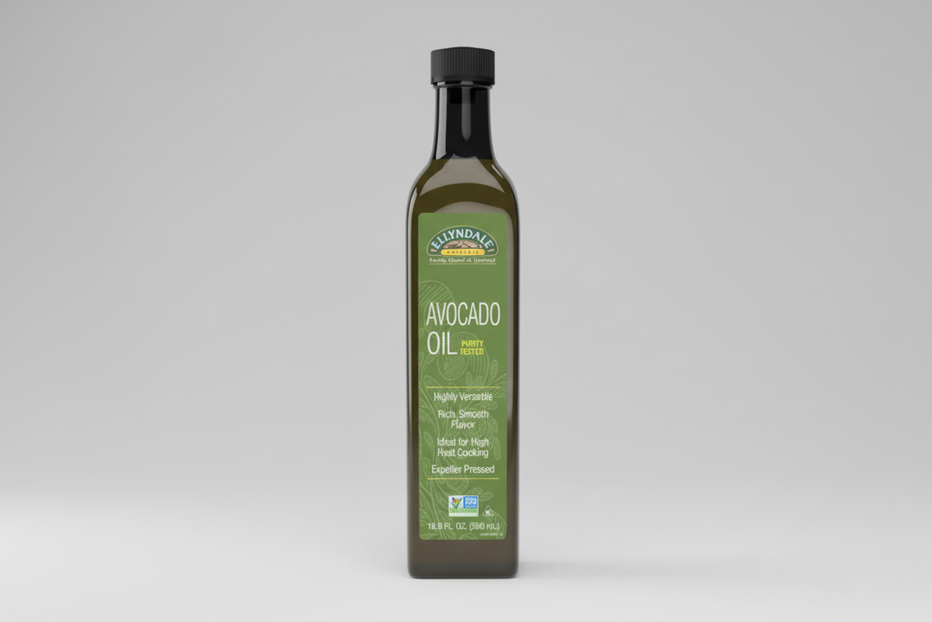 Bottle of Elyndale Avocado Oil on a white background