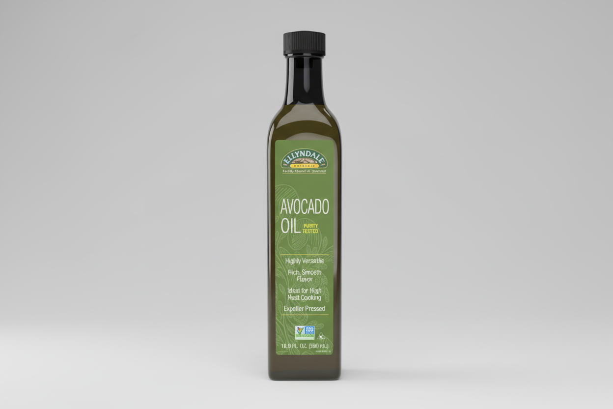 Bottle of Elyndale Avocado Oil on a white background