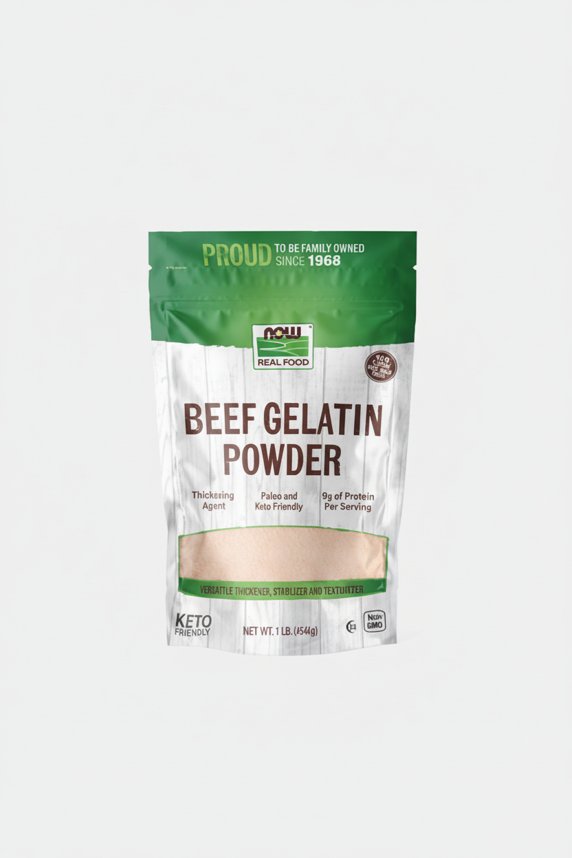 Package of beef gelatin powder with green and white design on a white background