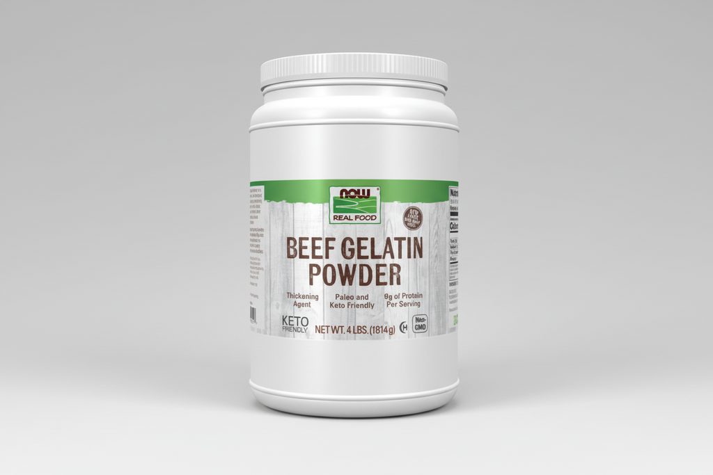 Container of beef gelatin powder with a white label on a white background