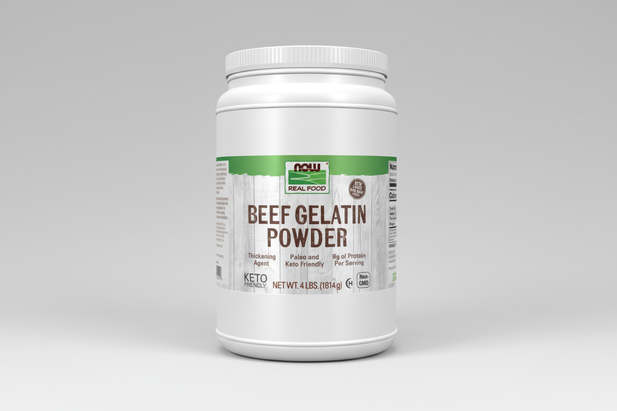 Container of beef gelatin powder with a white label on a white background