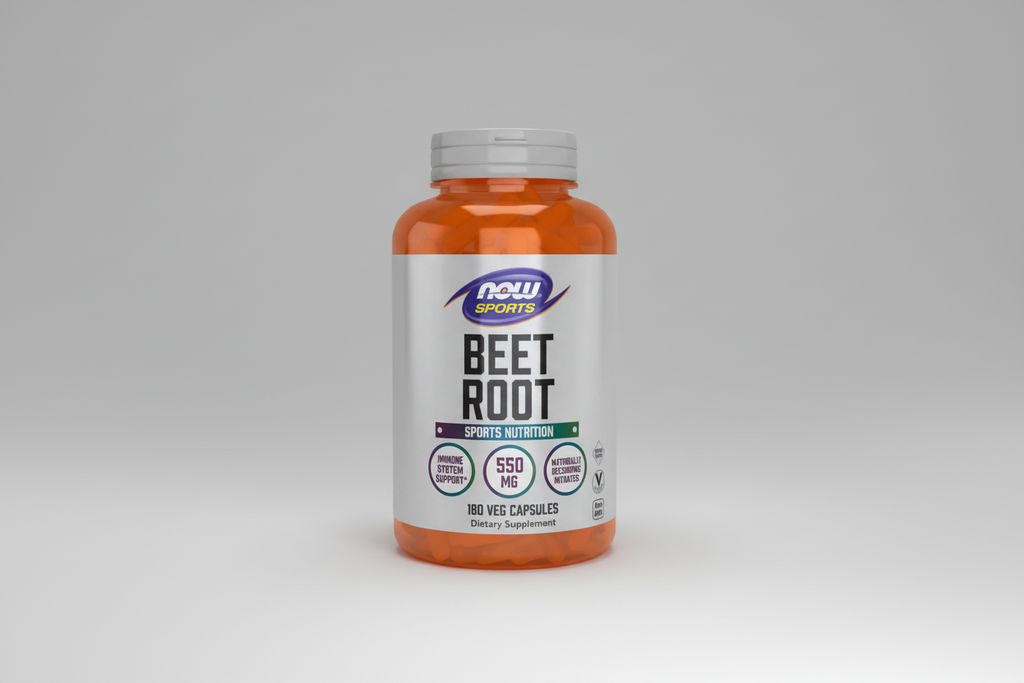 Supplement bottle labeled 'Beet Root' by NOW Sports on a white background