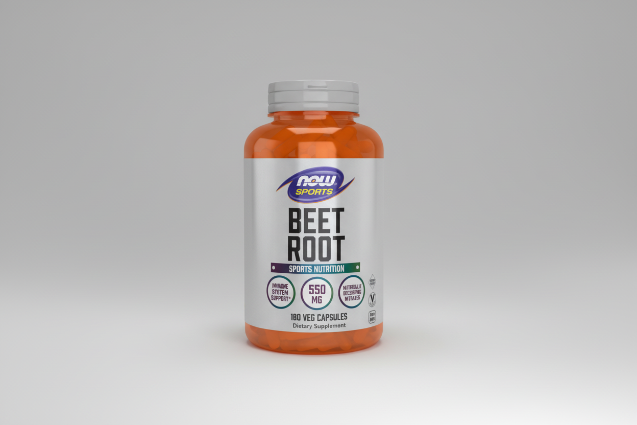 Supplement bottle labeled 'Beet Root' by NOW Sports on a white background