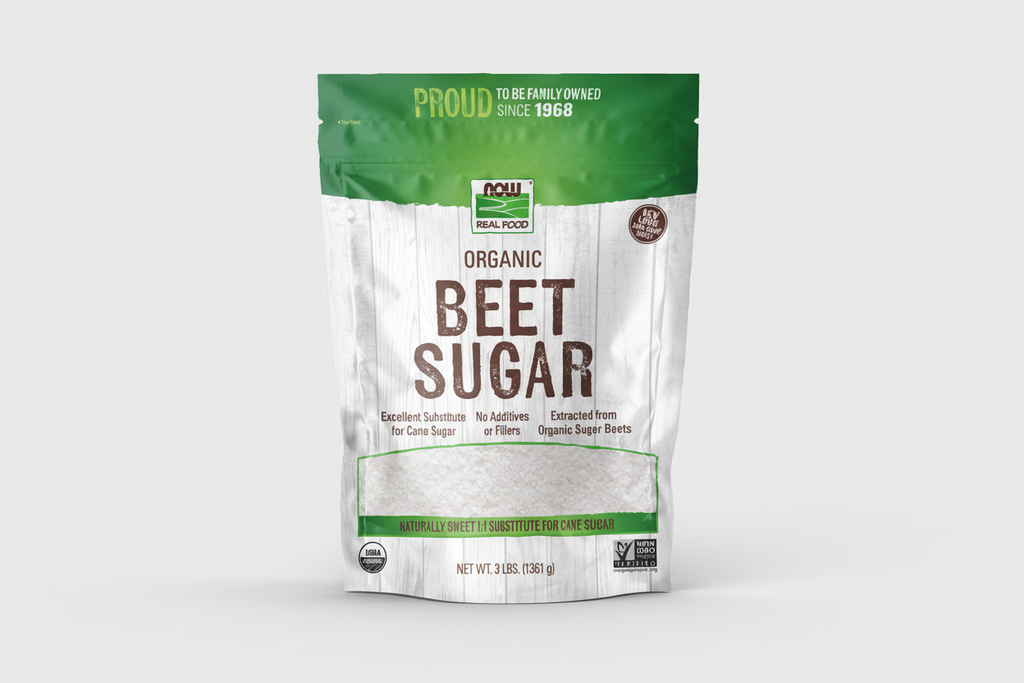 Bag of organic beet sugar with green and white design