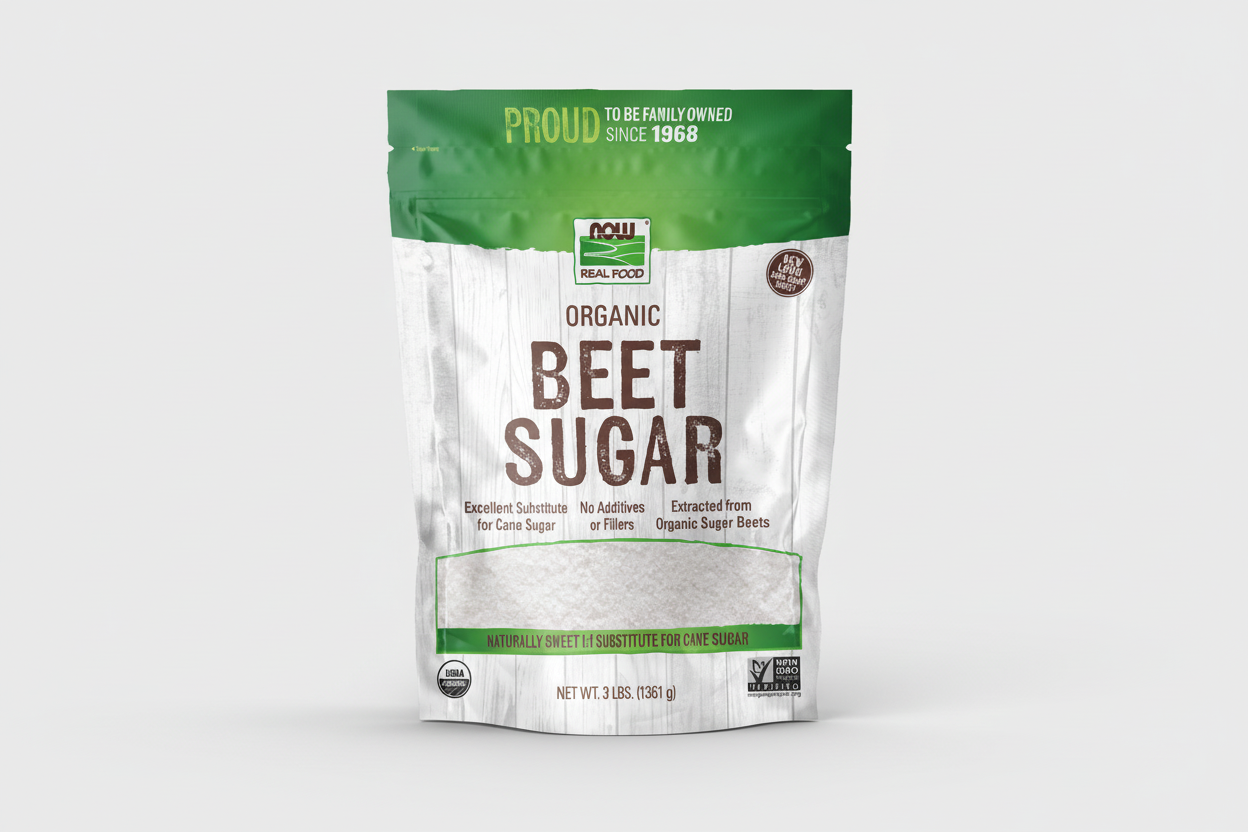 Bag of organic beet sugar with green and white design