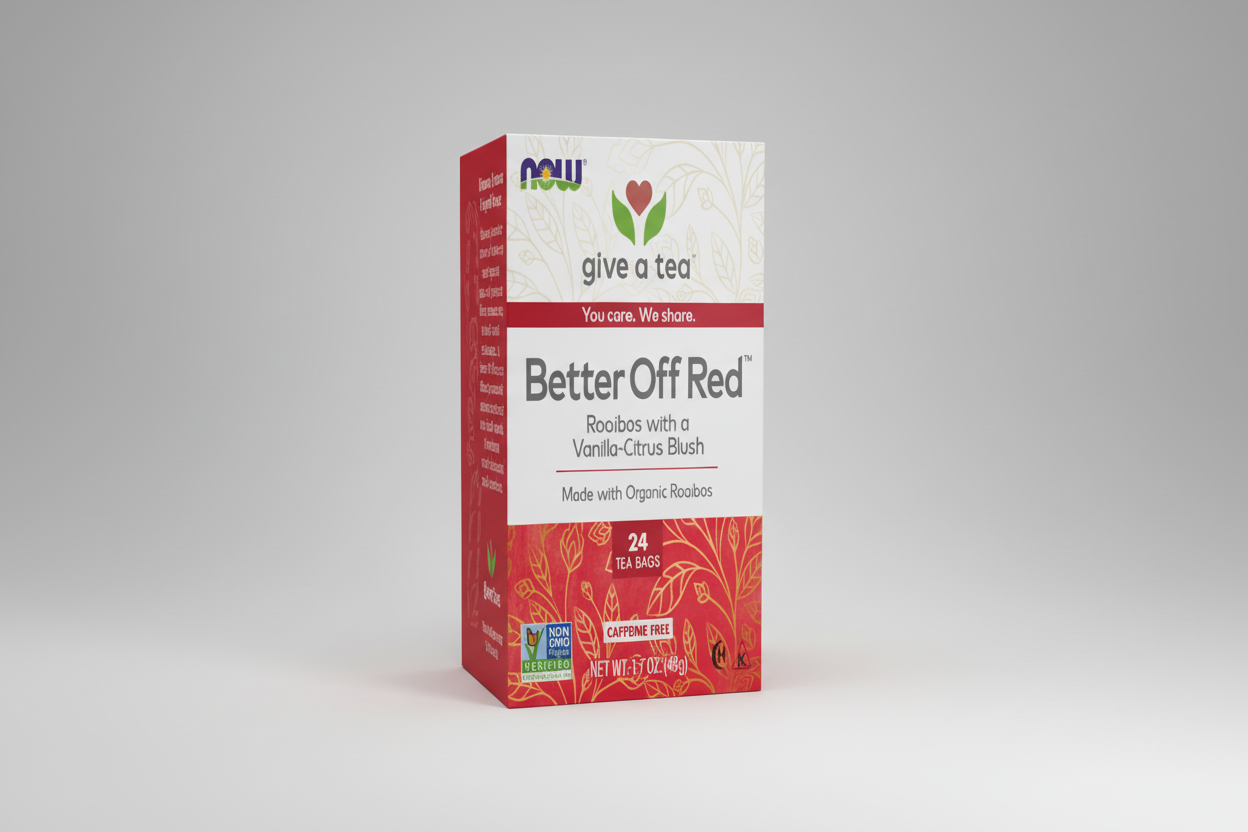 Box of 'Better Off Red' tea bags with branding and product details.