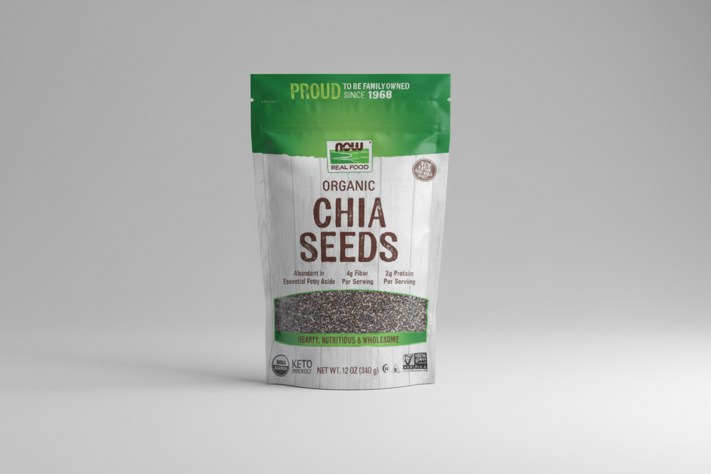 Bag of NOW Organic Chia Seeds with branding and nutritional information on a green and white background