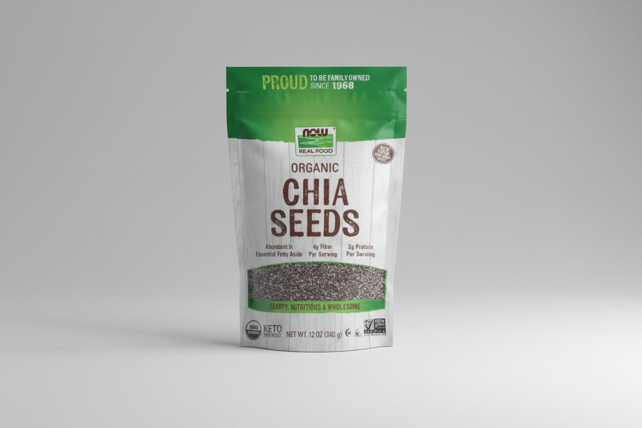 Bag of NOW Organic Chia Seeds with branding and nutritional information on a green and white background