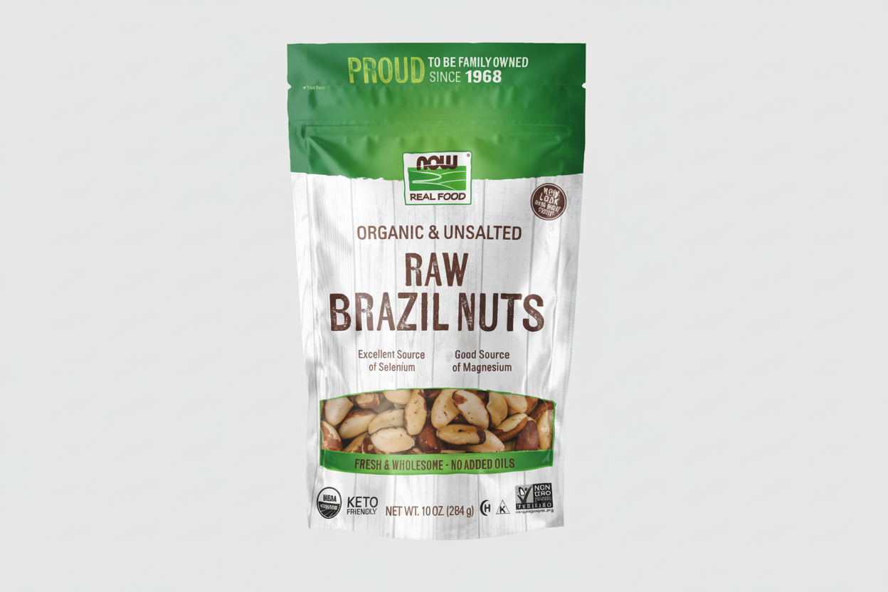 Package of raw brazil nuts with green and white design