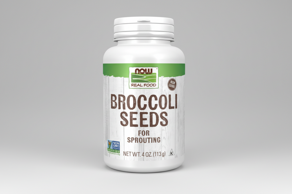 Bottle of NOW Broccoli Seeds for Sprouting on a white background