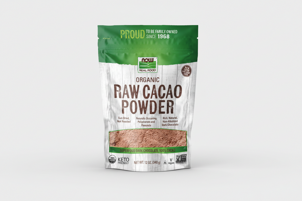 Package of NOW Organic Raw Cacao Powder on a white background