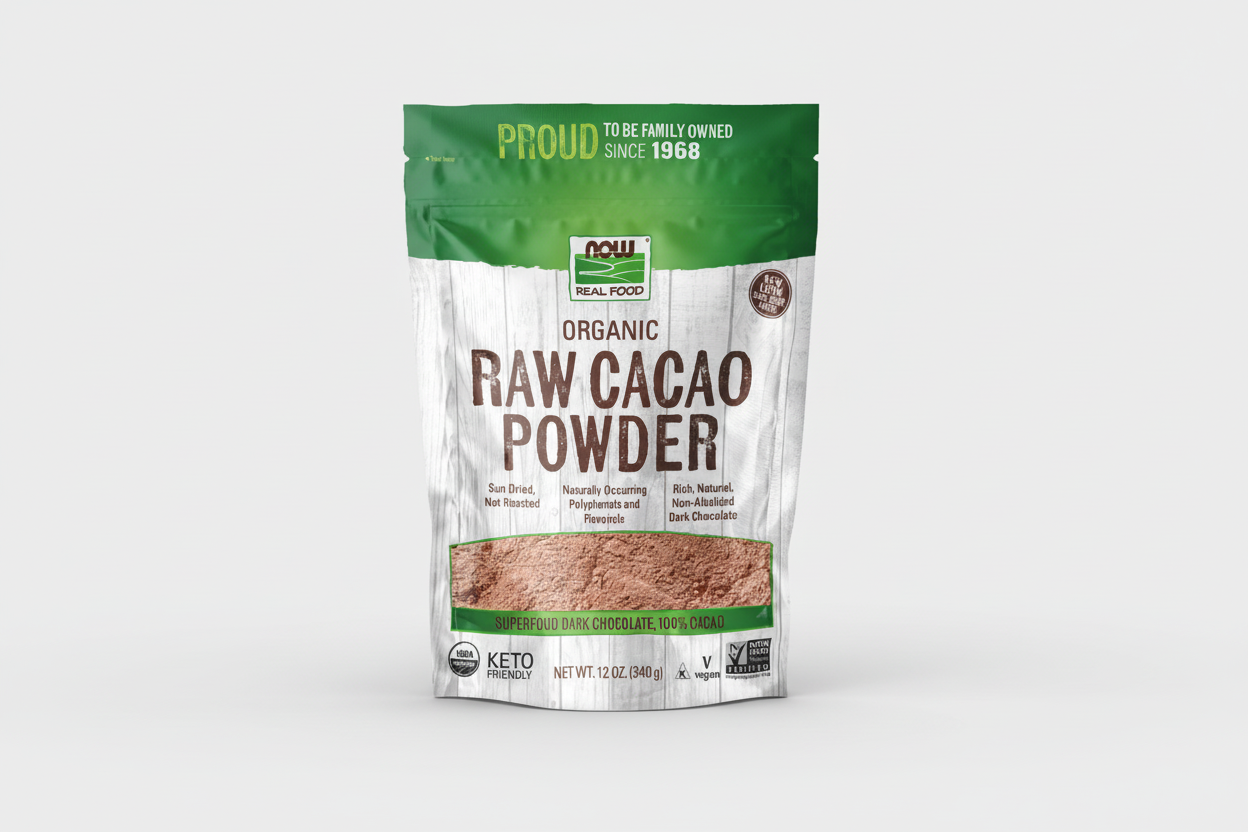 Package of NOW Organic Raw Cacao Powder on a white background