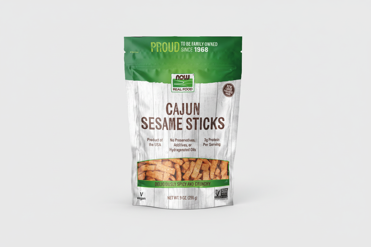 Package of Cajun Sesame Sticks with green and white design