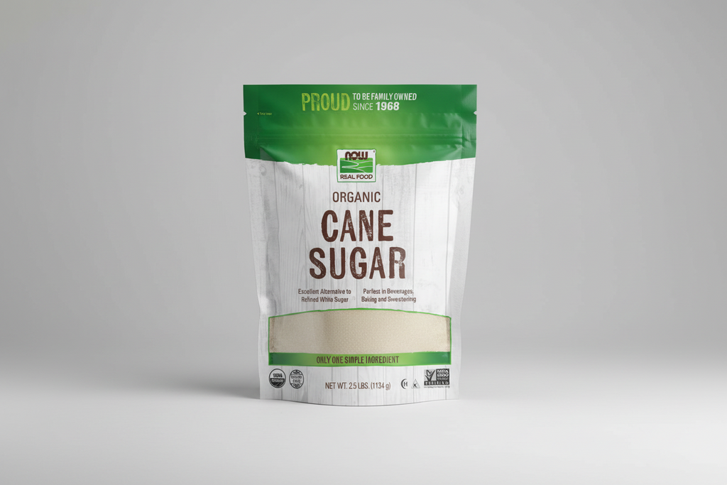 Package of organic cane sugar with green and white design