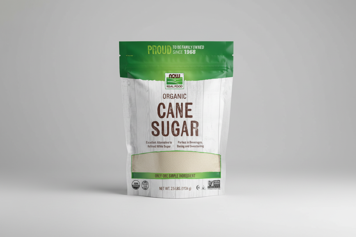 Package of organic cane sugar with green and white design