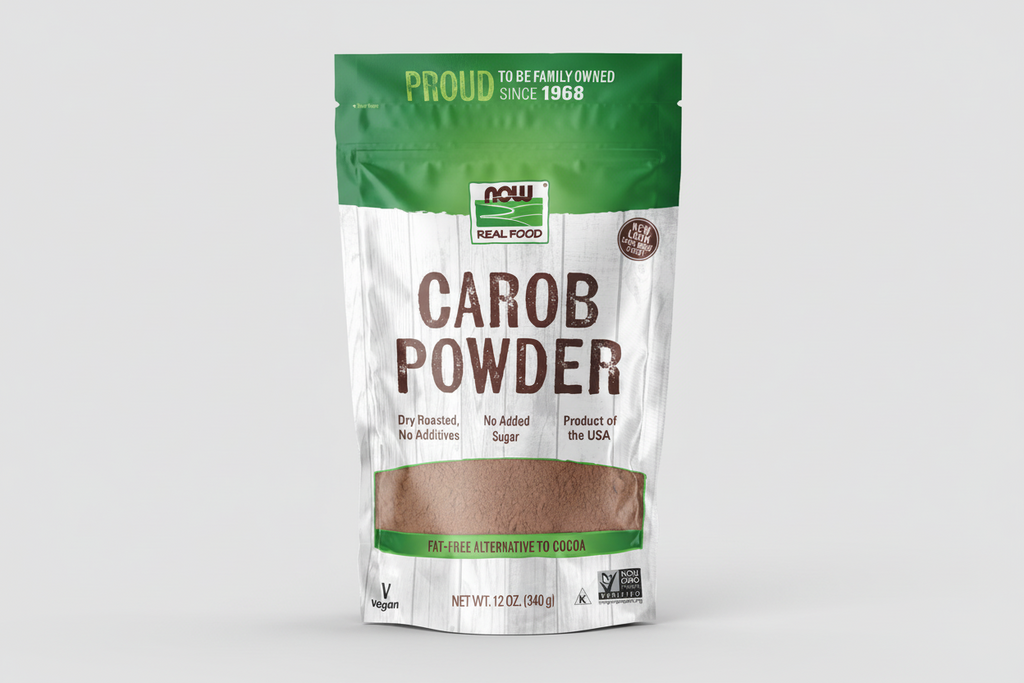 Package of NOW Real Food Carob Powder on a white background