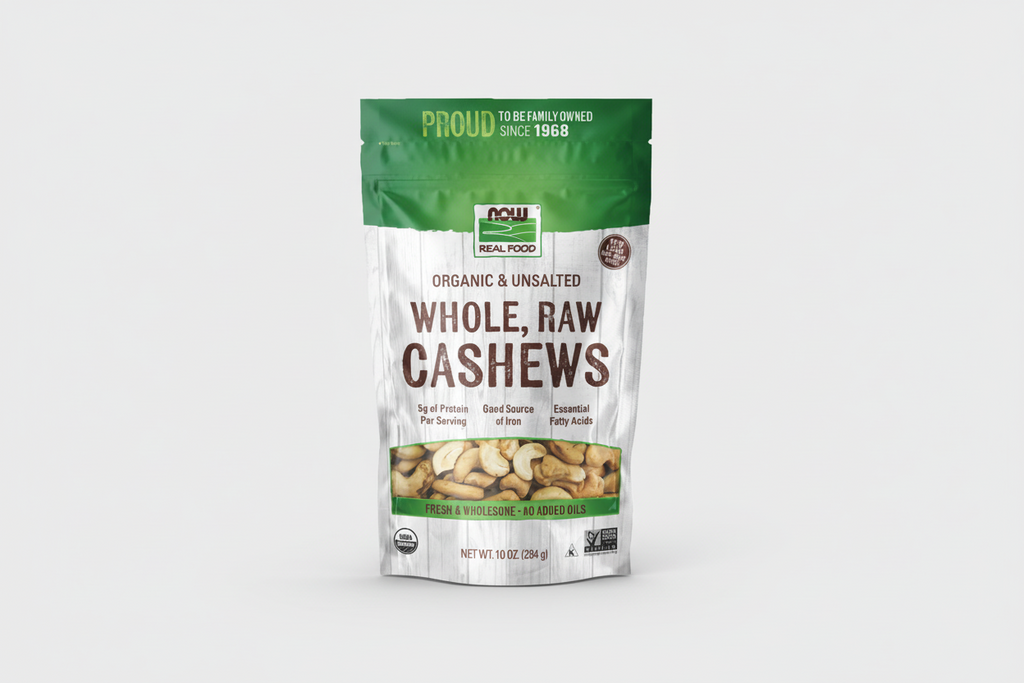 Package of organic raw cashews with green and white design