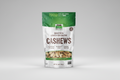 Package of roasted and lightly sea salted cashews with green and white design.