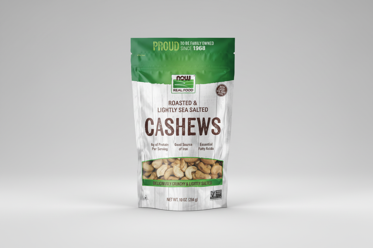 Package of roasted and lightly sea salted cashews with green and white design.